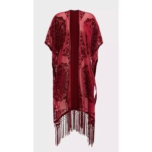 Torrid Burnout Velvet Kimono Womens Red Chiffon Fringe Trim Open Front Size 1/2